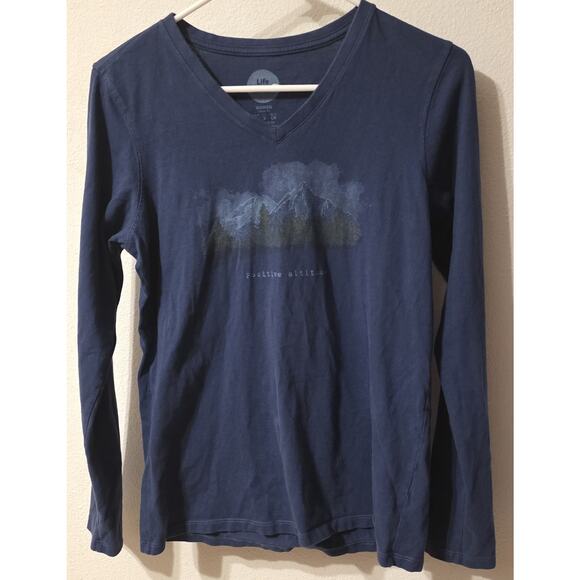 Life is good women’s T-shirt Long Sleeve Postive Attitude V-neck blue size Small - Picture 1 of 6